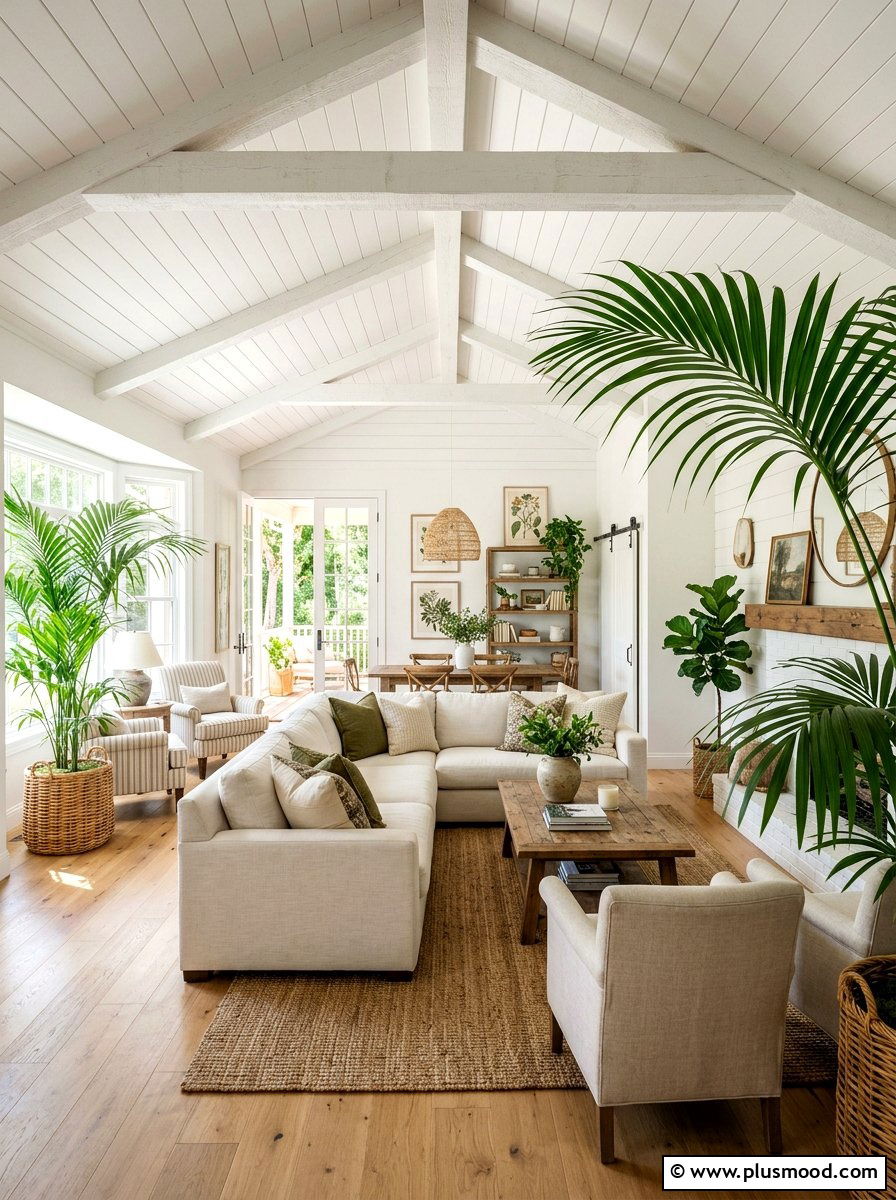 Indoor Palm Plant Decor - 25 summer coastal farmhouse living room ideas