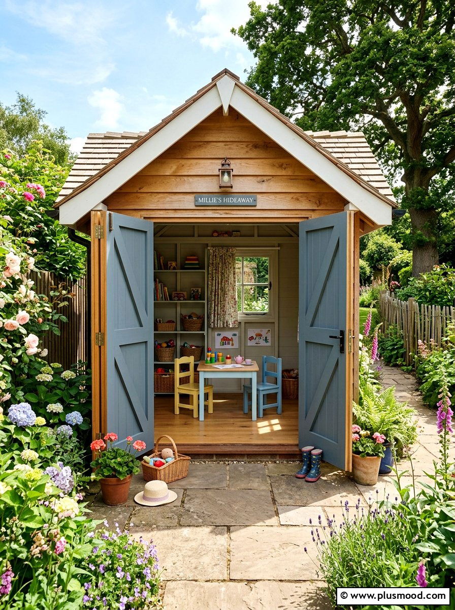Indoor outdoor playhouse with folding doors - 25 small backyard ideas with playhouse