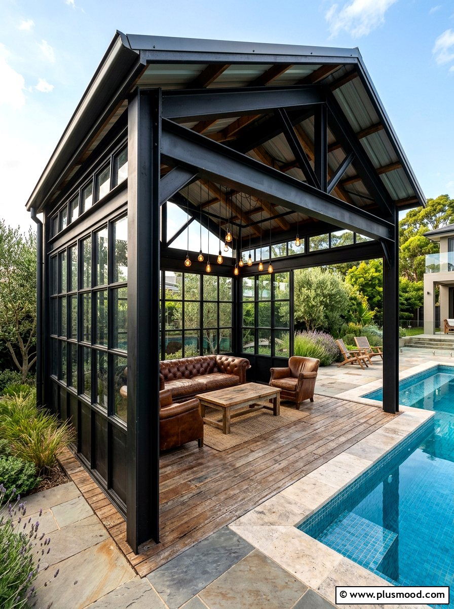 Industrial Metal Frame Pool Pavilion - 25 summer pool house decor ideas