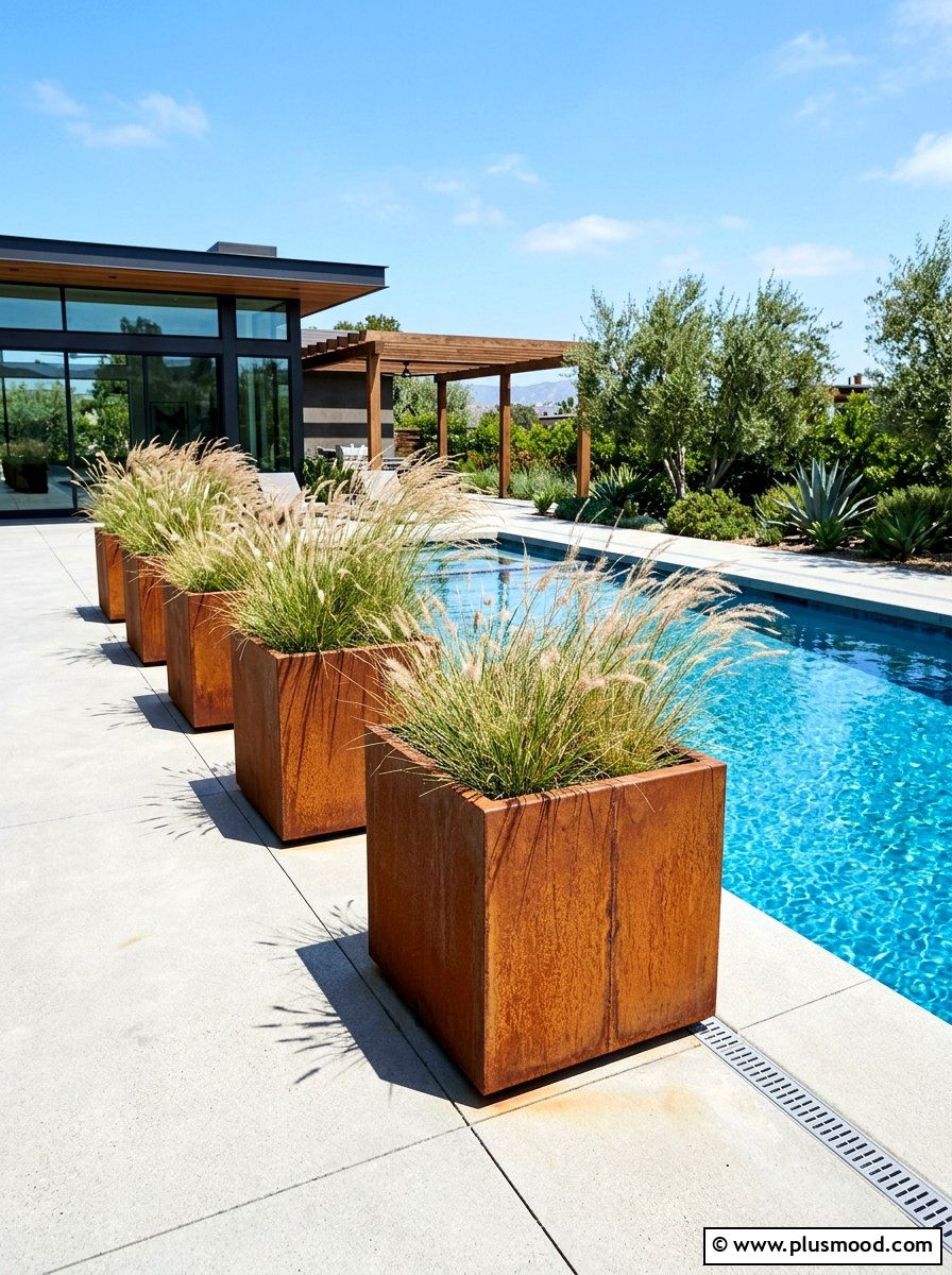 Industrial Metal Pool Planter - 25 pool landscaping ideas with raised planters