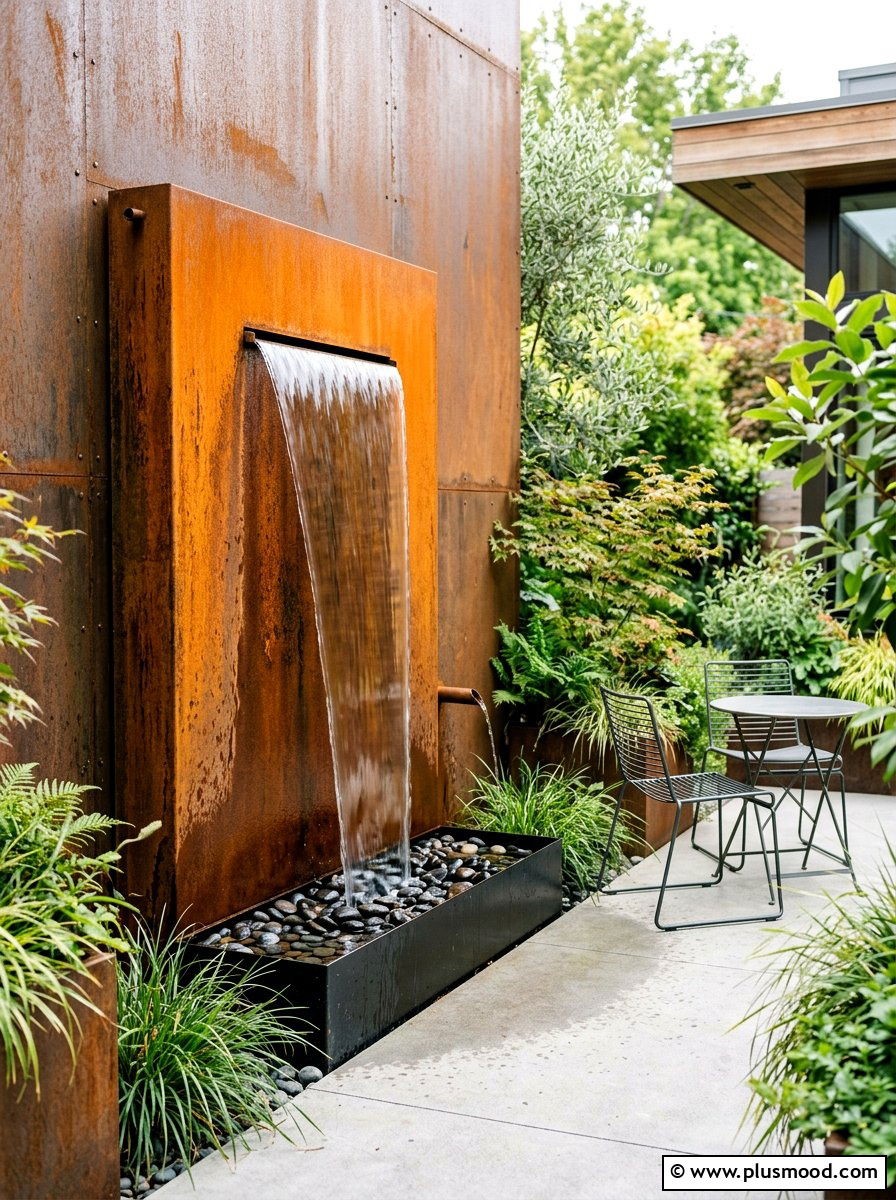 Industrial Metal Wall Fountain - 25 small backyard ideas with wall fountain