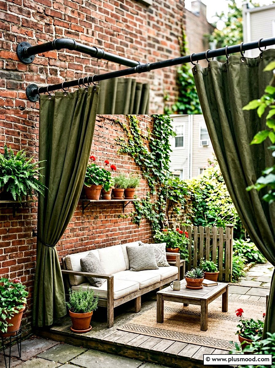 Industrial Pipe Outdoor Curtain Rod - 25 small backyard ideas with outdoor curtains