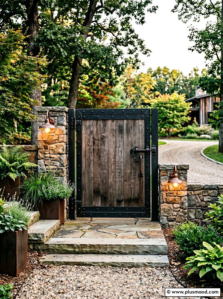 Industrial Steel Wood Gate - 25 small backyard ideas with gate entry