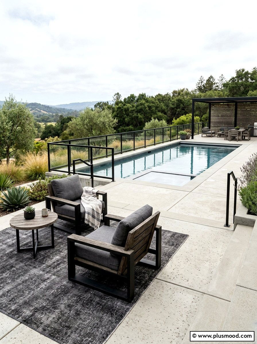 Industrial Style Pool Deck - 25 pool landscaping ideas with outdoor rug