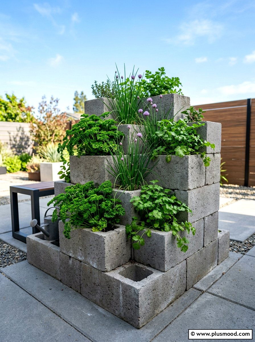 Industrial concrete block herb garden - 25 summer backyard planter ideas