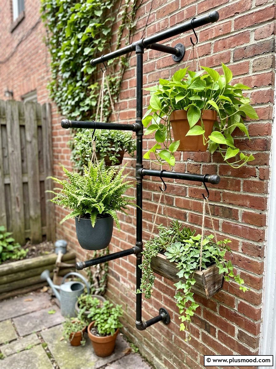 Industrial pipe plant hanger - 25 small backyard ideas with hanging plants