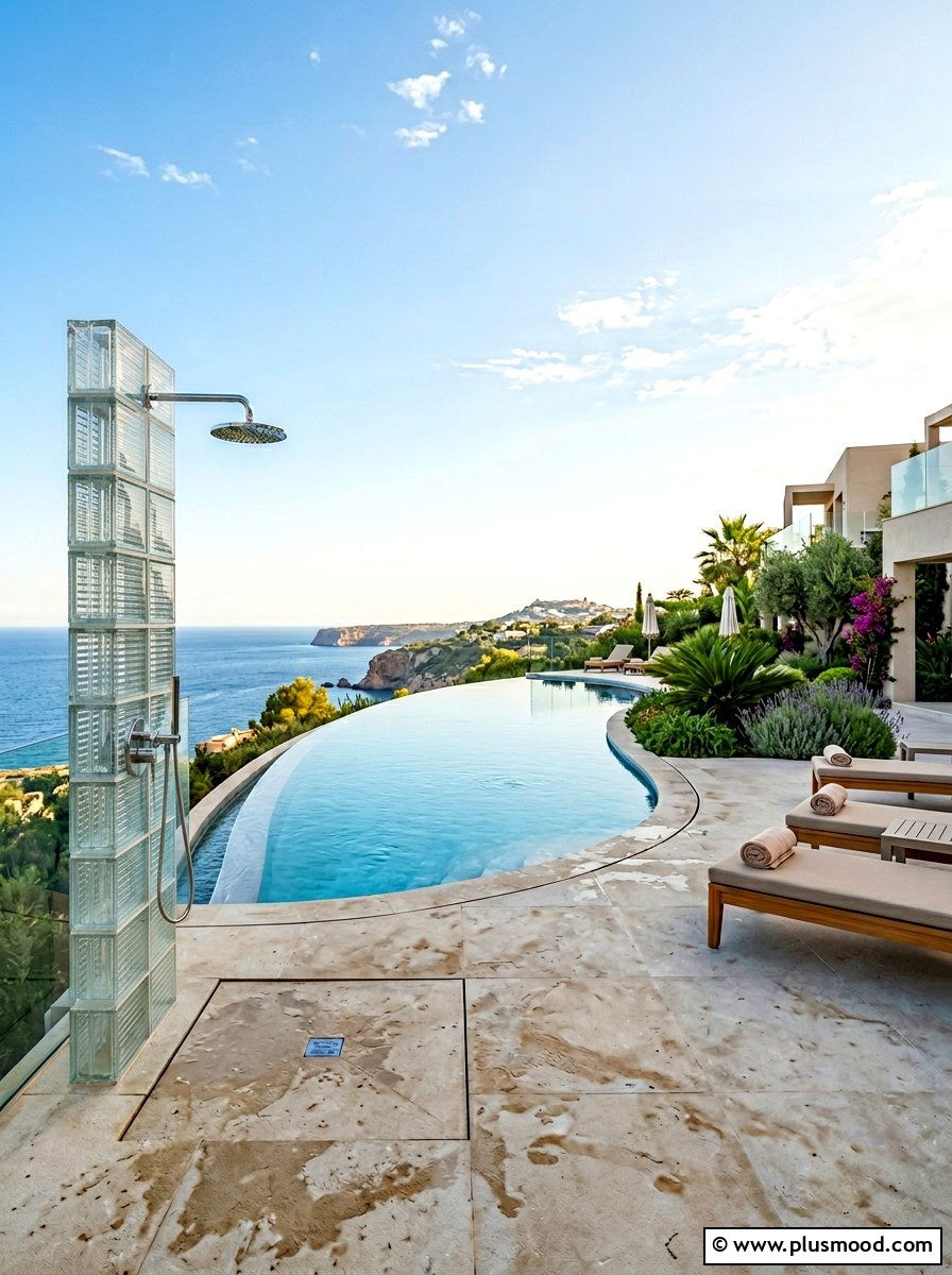 Infinity Pool Landscape With Minimalist Shower - 25 pool landscaping ideas with outdoor shower