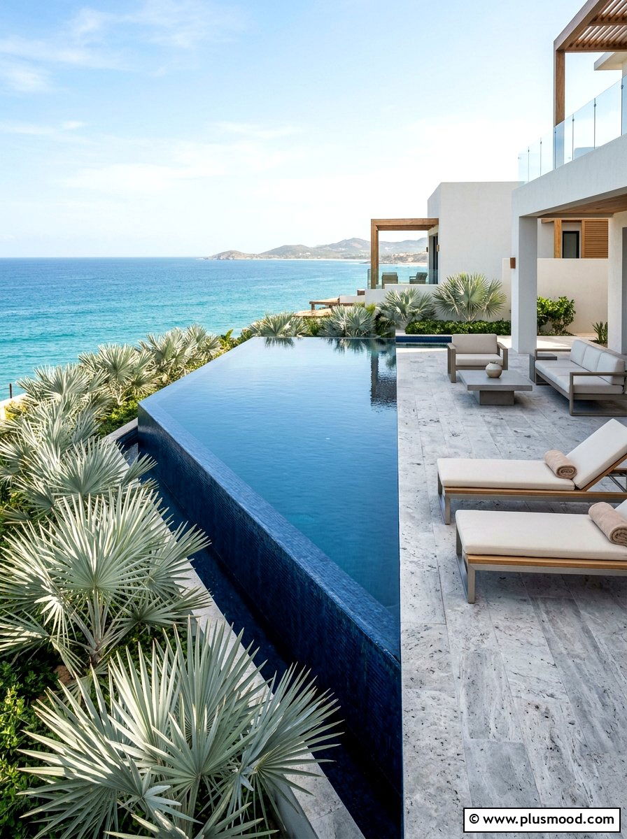 Infinity edge pool with silver saw palmetto - 25 pool landscaping ideas with palm trees