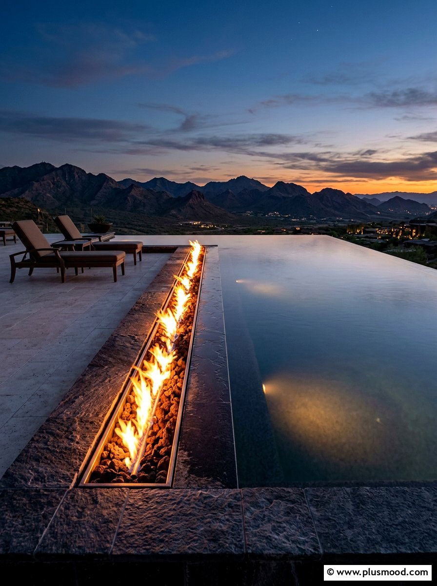 Infinity pool with fire feature - 25 pool landscaping ideas with fire feature