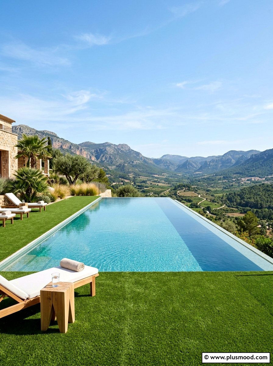 Infinity pool with grass surround - 25 pool landscaping ideas with artificial turf