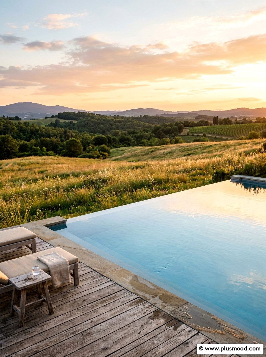 Infinity pool with meadow view - 25 pool landscaping ideas with grass