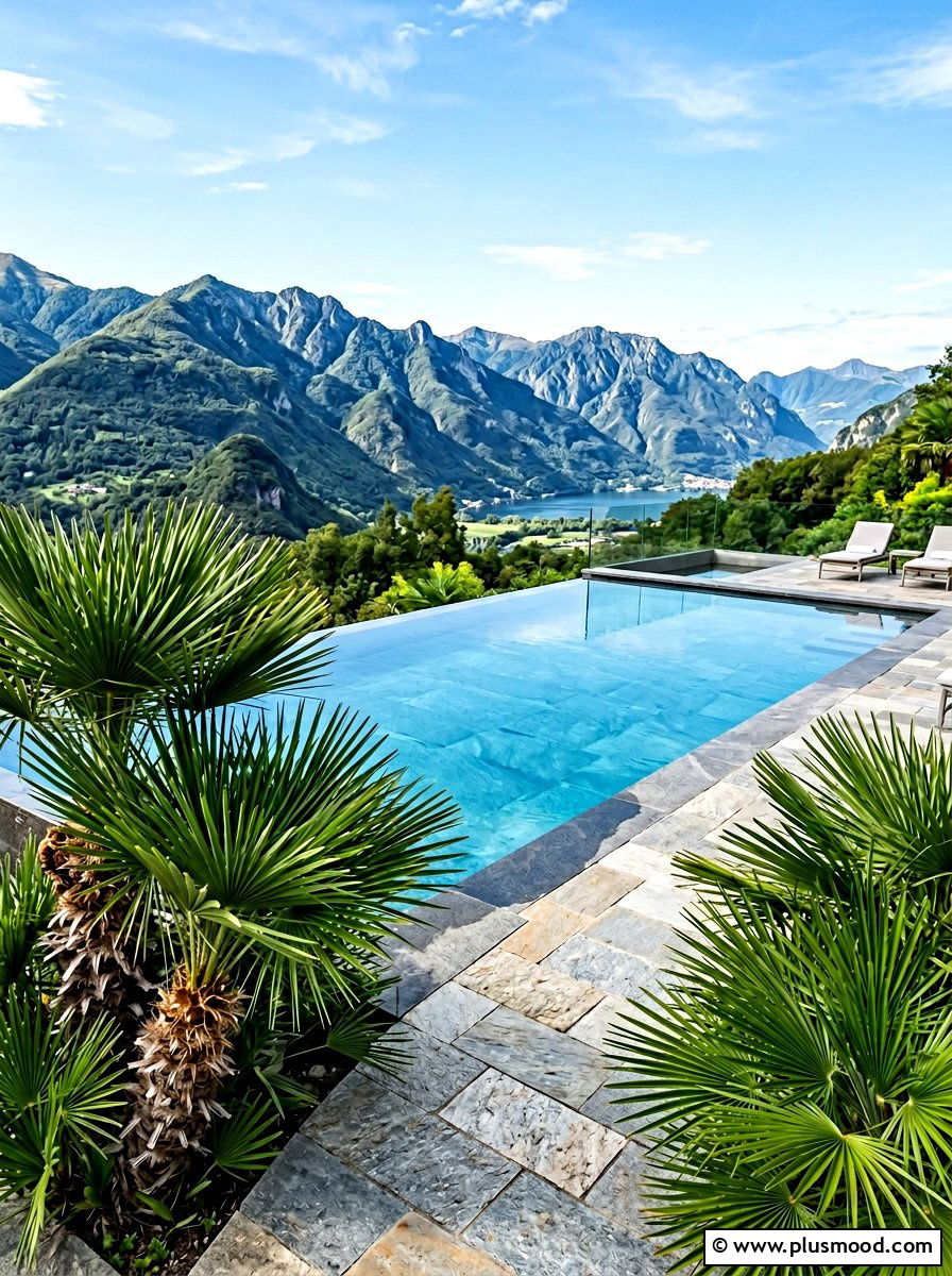 Infinity pool with needle palms - 25 summer pool landscaping ideas with palms