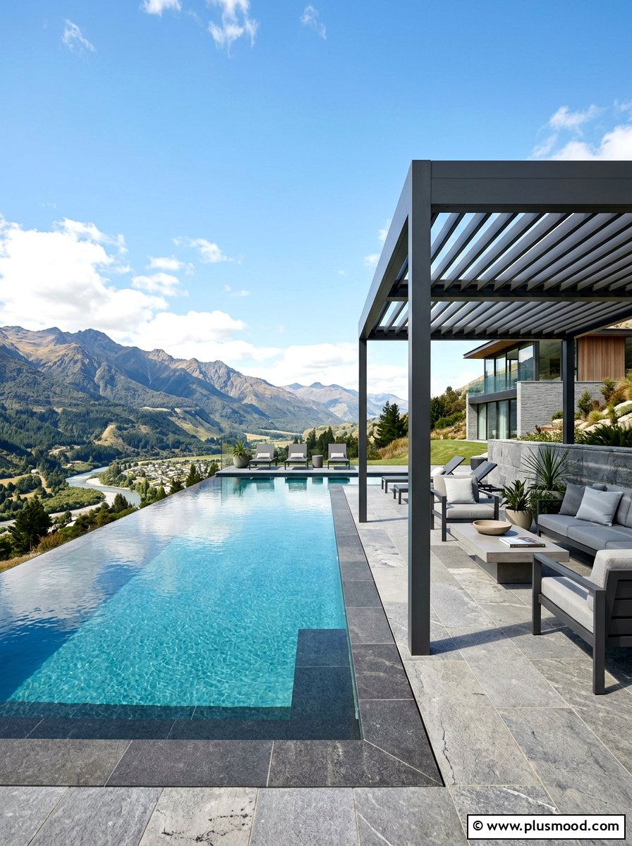 Infinity pool with pergola shade - 25 pool landscaping ideas with pergola shade