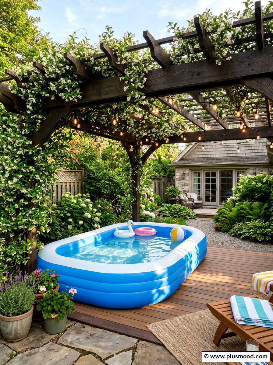 Inflatable pool under pergola - 25 pool landscaping ideas for kids pools