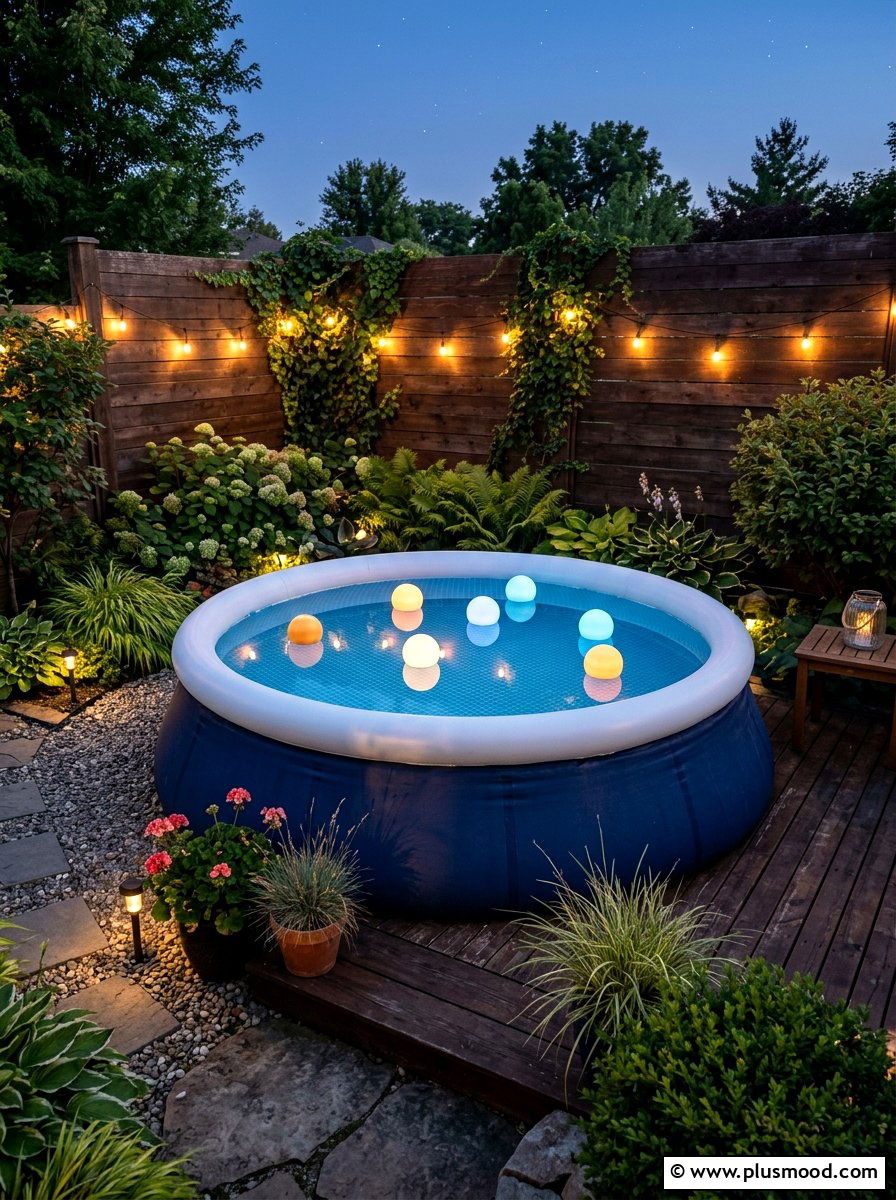 Inflatable pool with floating lights - 25 pool landscaping ideas for kids pools