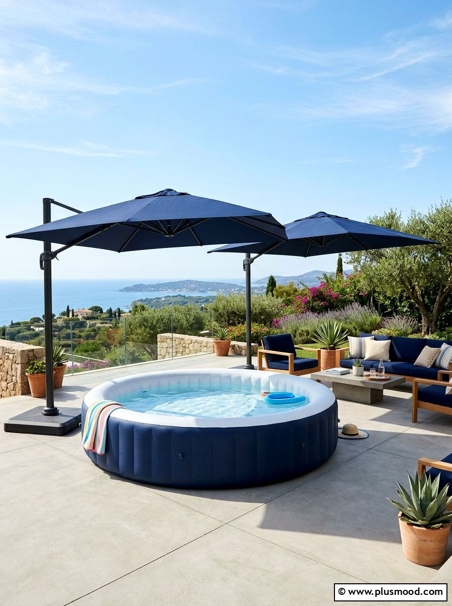Inflatable pool with oversized umbrellas - 25 pool landscaping ideas for kids pools