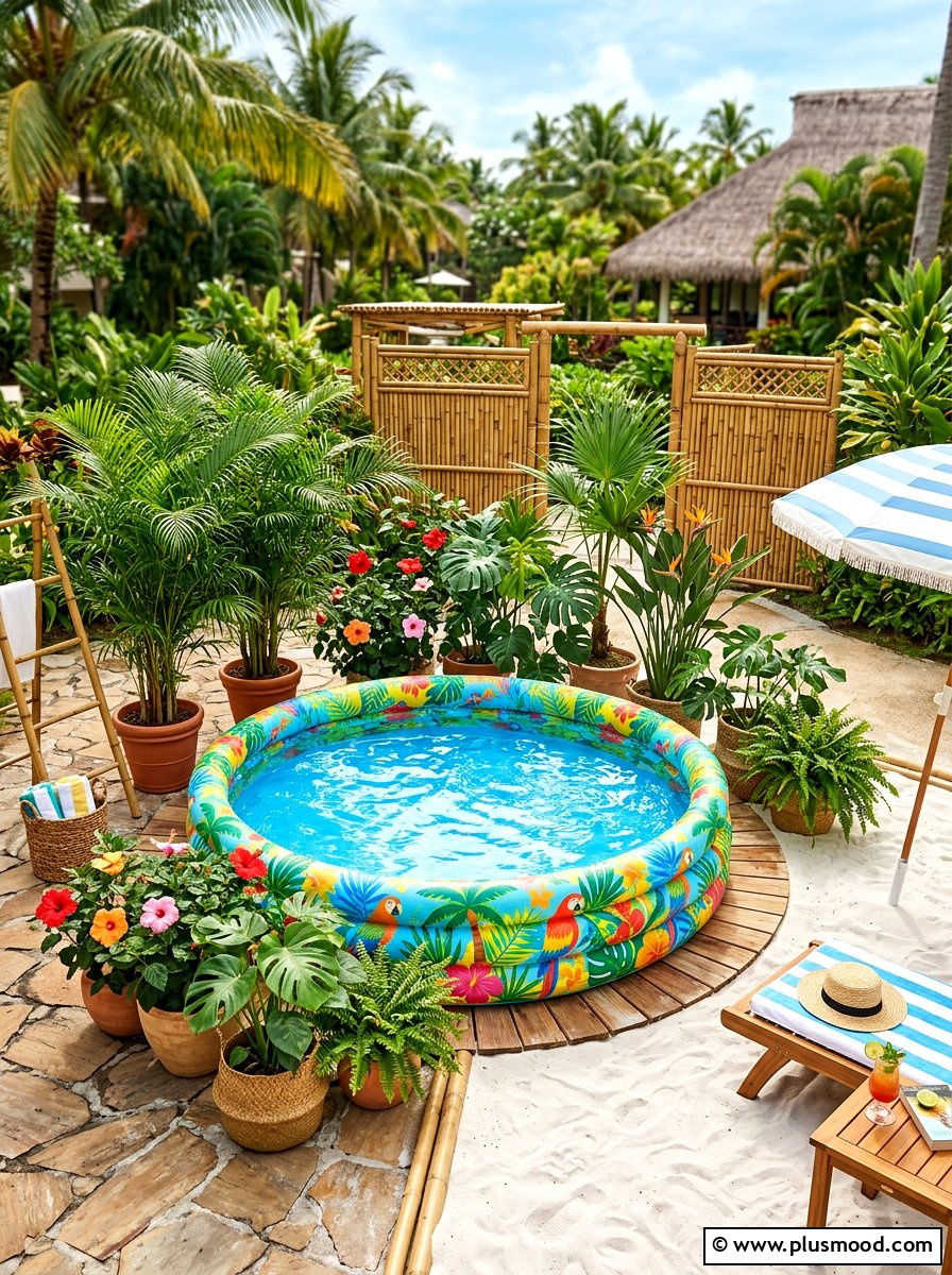 Inflatable pool with tropical plants - 25 pool landscaping ideas for kids pools