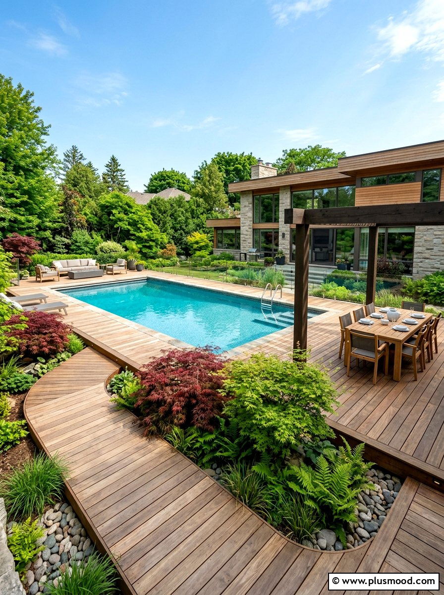 Inground pool with wraparound wood deck - 25 pool landscaping ideas with wooden deck