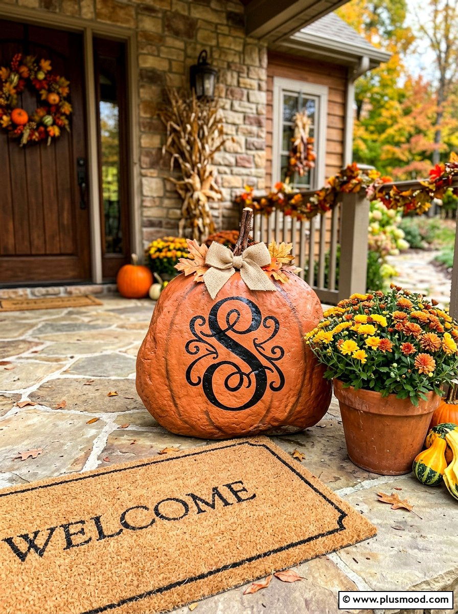 Initial monogram pumpkin rock - 25 painted rock ideas with pumpkin art