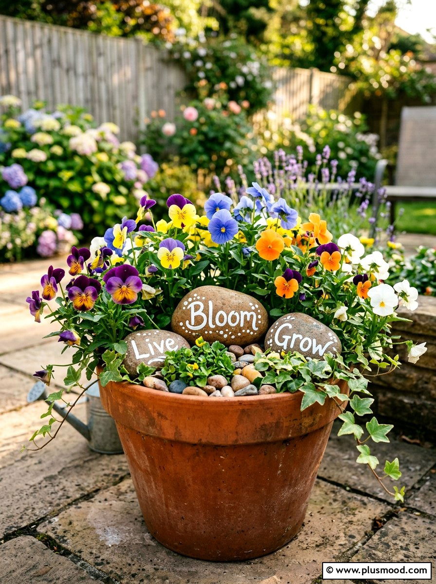 Inspirational quote stones - 25 painted rock ideas for potted plant display