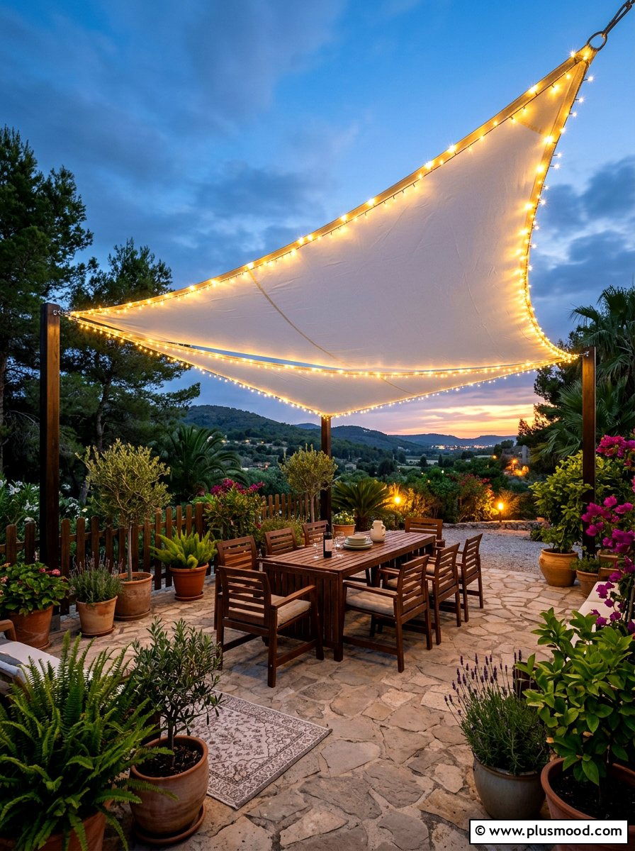 Integrated LED Lighting Under Shade Sail - 25 small backyard ideas with shade sail