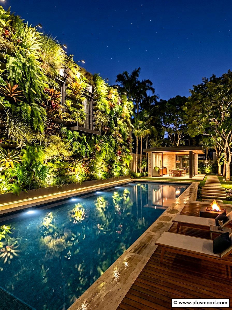Integrated Lighting Vertical Garden Pool - 25 pool landscaping ideas with vertical garden