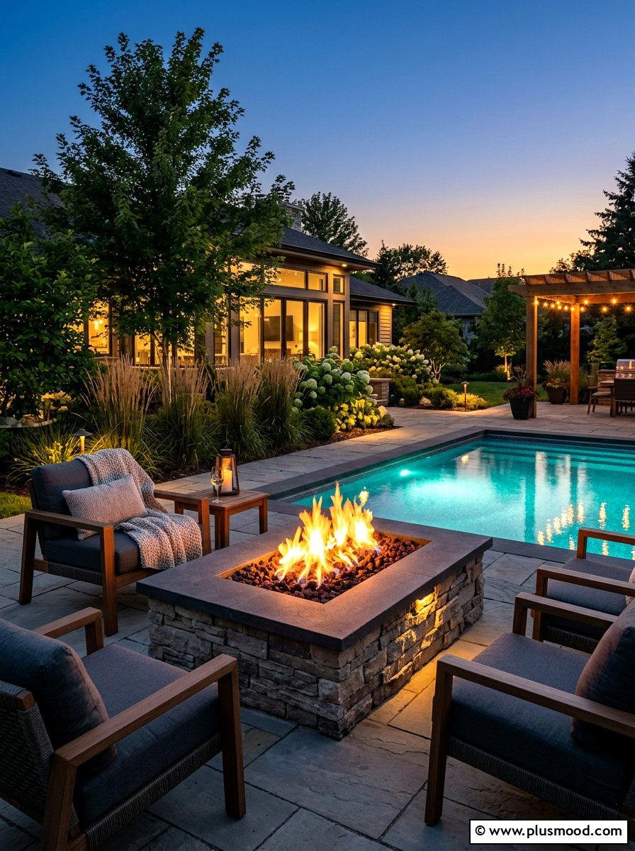 Integrated fire pit lounge - 25 pool landscaping ideas for small spaces