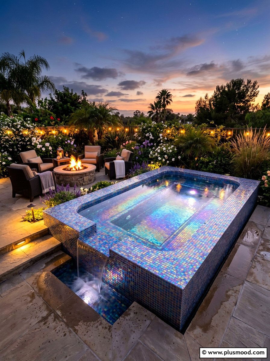 Iridescent tile pool spa - 25 pool landscaping ideas with tile accents