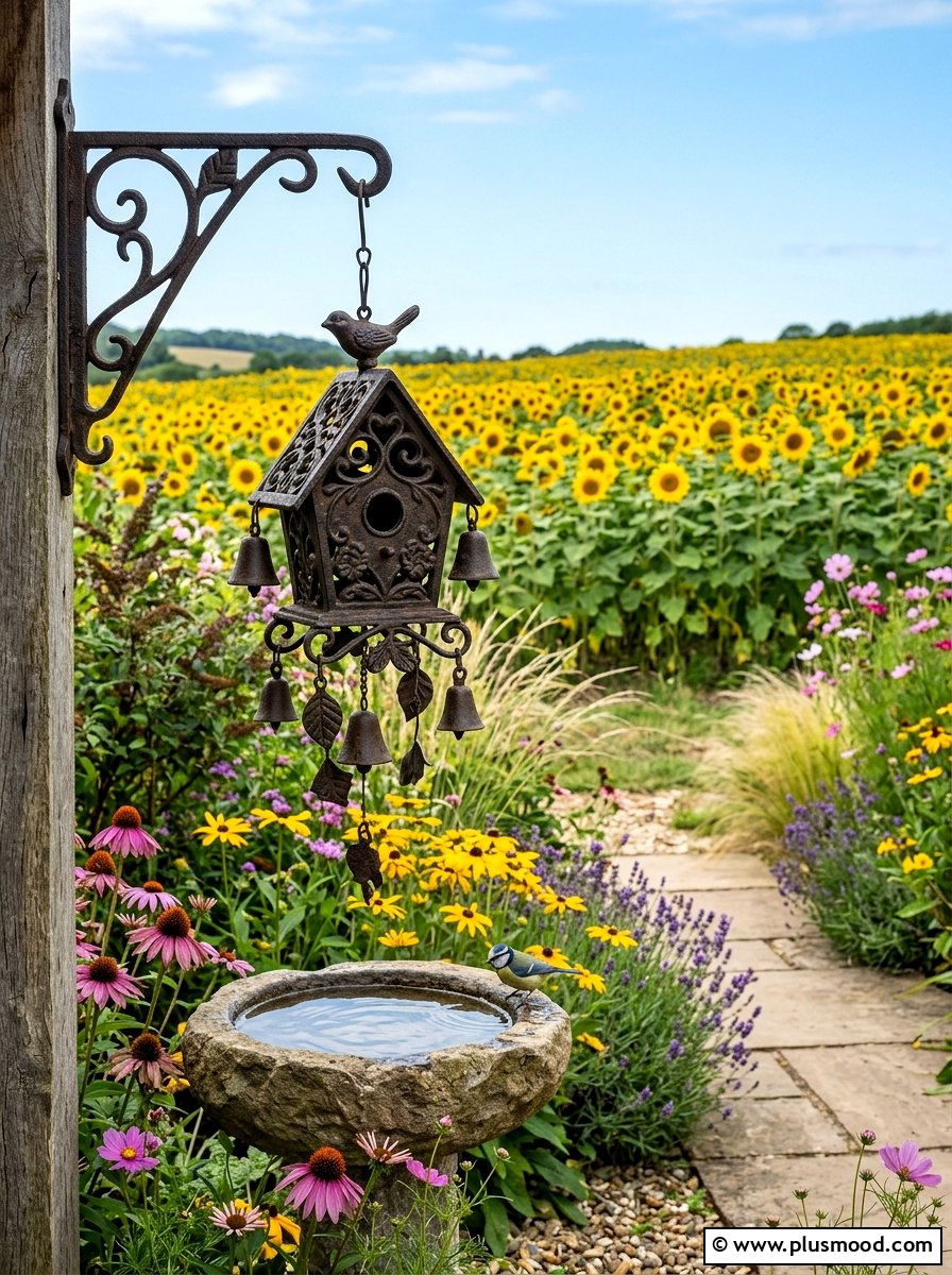 Iron birdhouse wildlife garden - 25 outdoor garden decor ideas with wind chimes