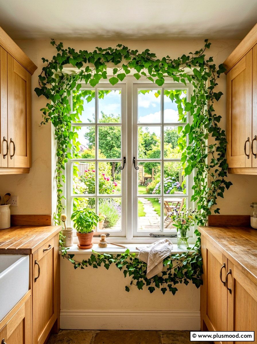 Ivy draped window frame - 25 summer greenery kitchen decor ideas