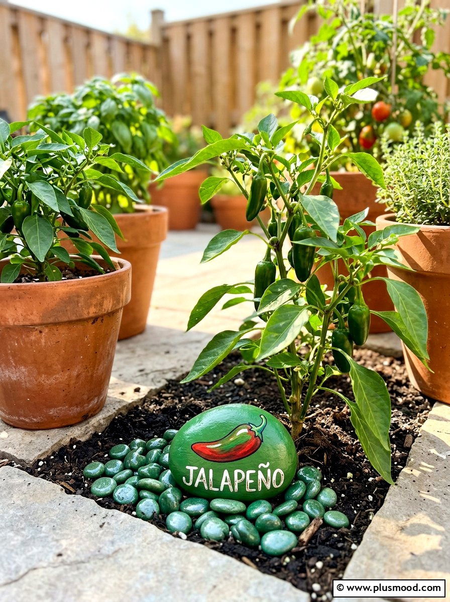 Jalapeno garden markers - 25 painted rock ideas with vegetable garden labels