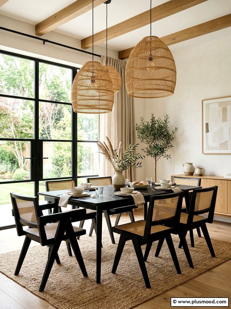 Japandi woven pendant dining - 25 summer modern summer decor ideas