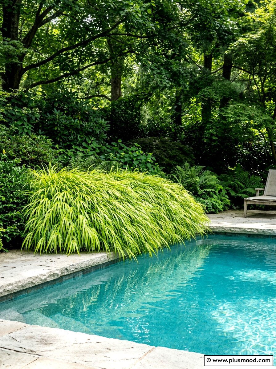 Japanese Forest Grass Pool Edge - 25 pool landscaping ideas for shaded backyards
