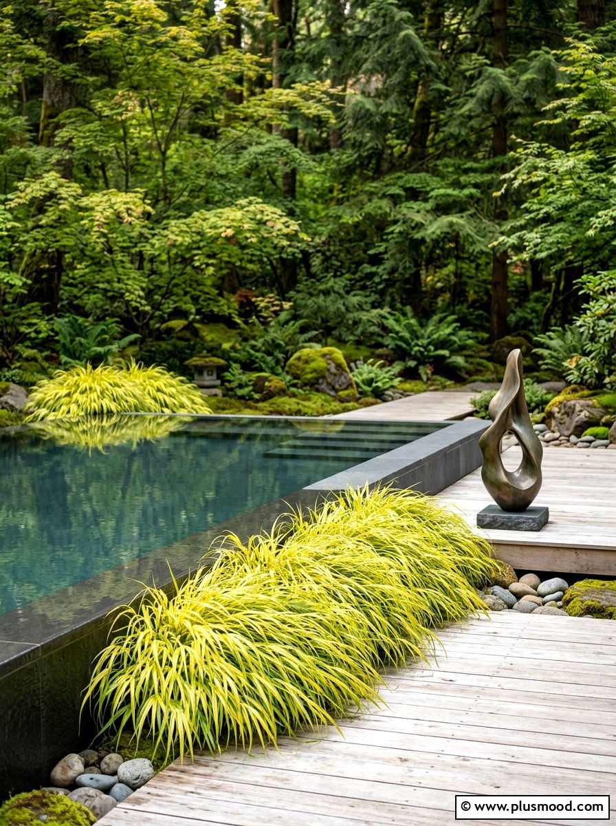Japanese Forest Grass Pool Edge - 25 pool landscaping ideas for shade gardens
