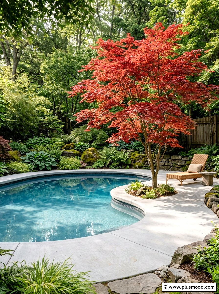 Japanese Maple Tree Pool Focal Point - 25 pool landscaping ideas for shaded backyards
