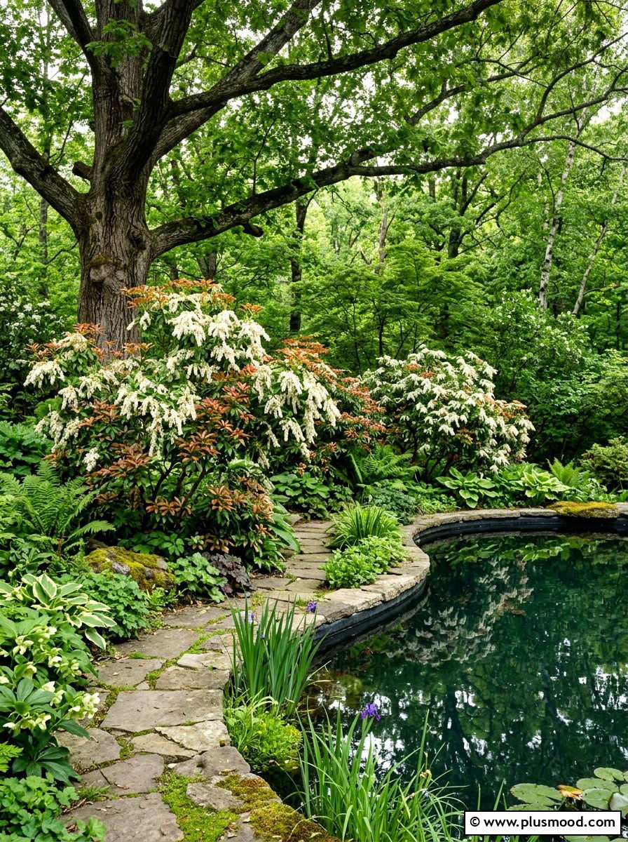 Japanese Pieris shade garden - 25 pool landscaping ideas with shrubs