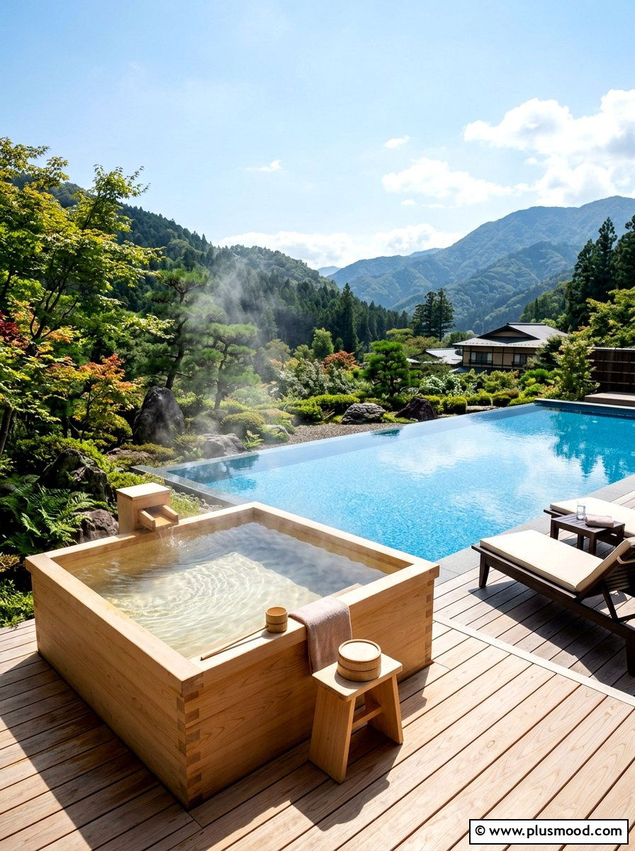 Japanese Soaking Tub Near Pool - 25 pool landscaping ideas with Japanese style