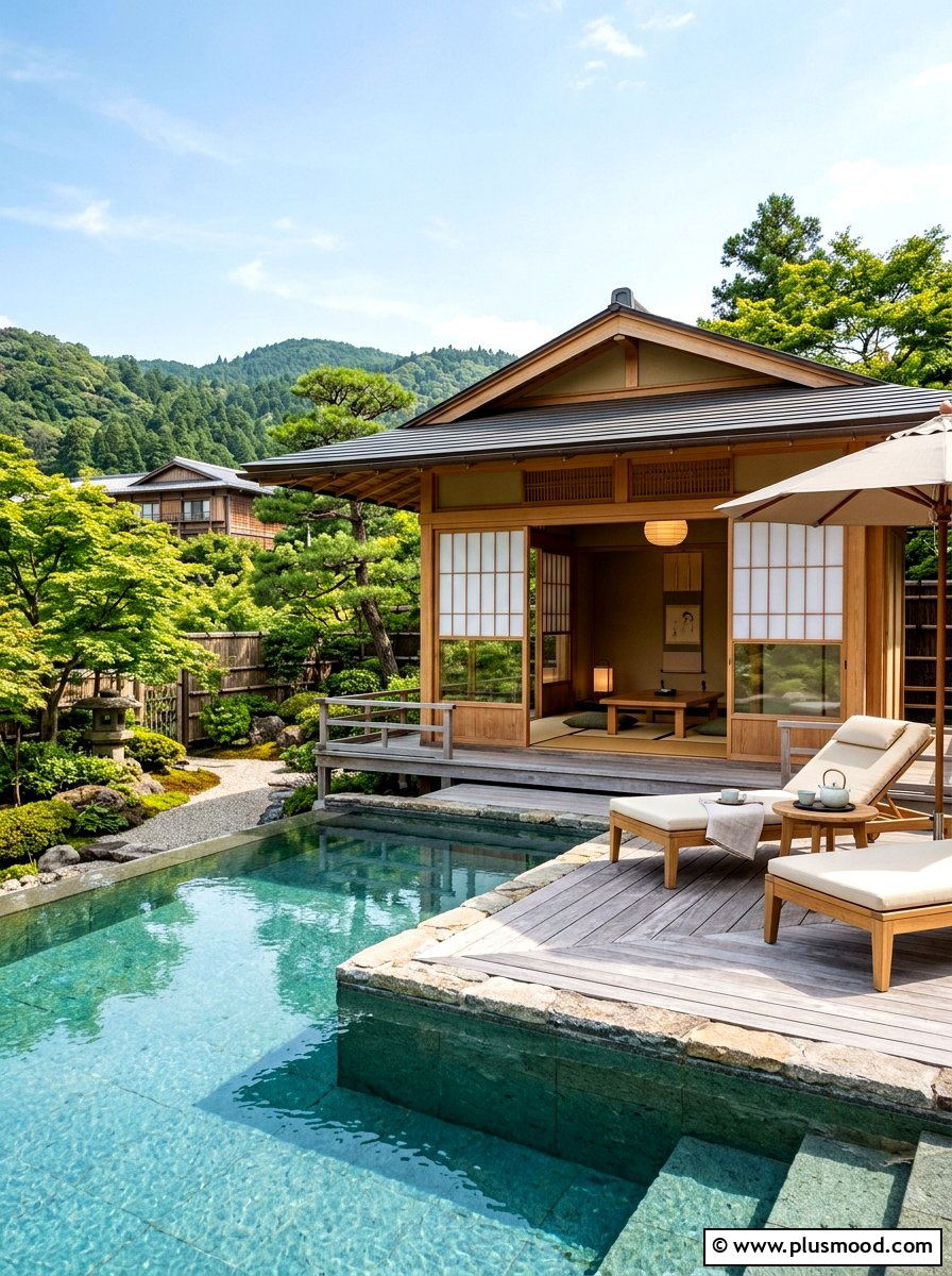 Japanese Teahouse Pool Pavilion - 25 pool landscaping ideas with Japanese style
