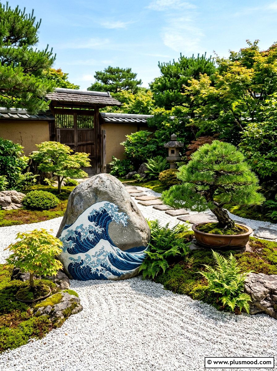 Japanese Wave - 25 painted rock ideas for koi pond decor