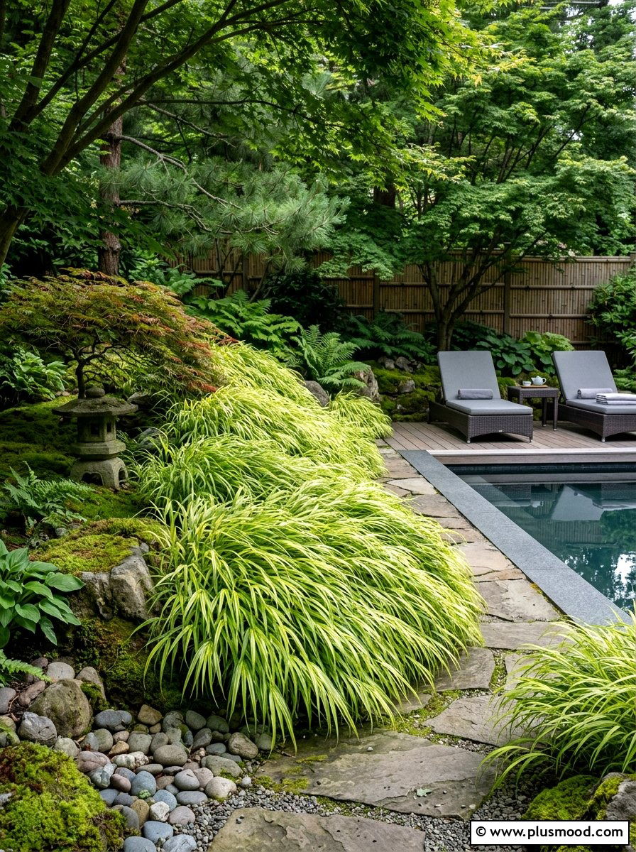 Japanese forest grass for shade - 25 pool landscaping ideas with ornamental grasses