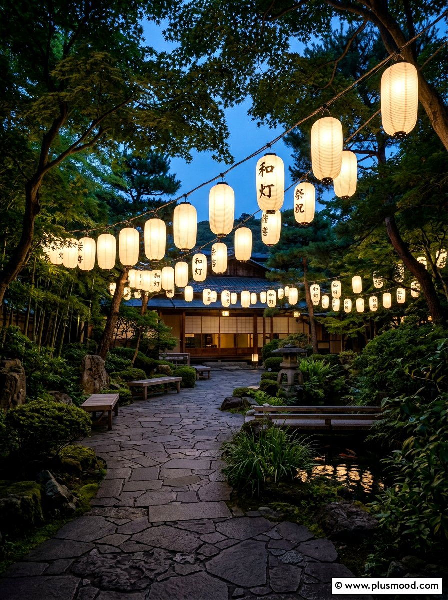 Japanese hanging lanterns - 25 outdoor garden decor ideas with zen elements