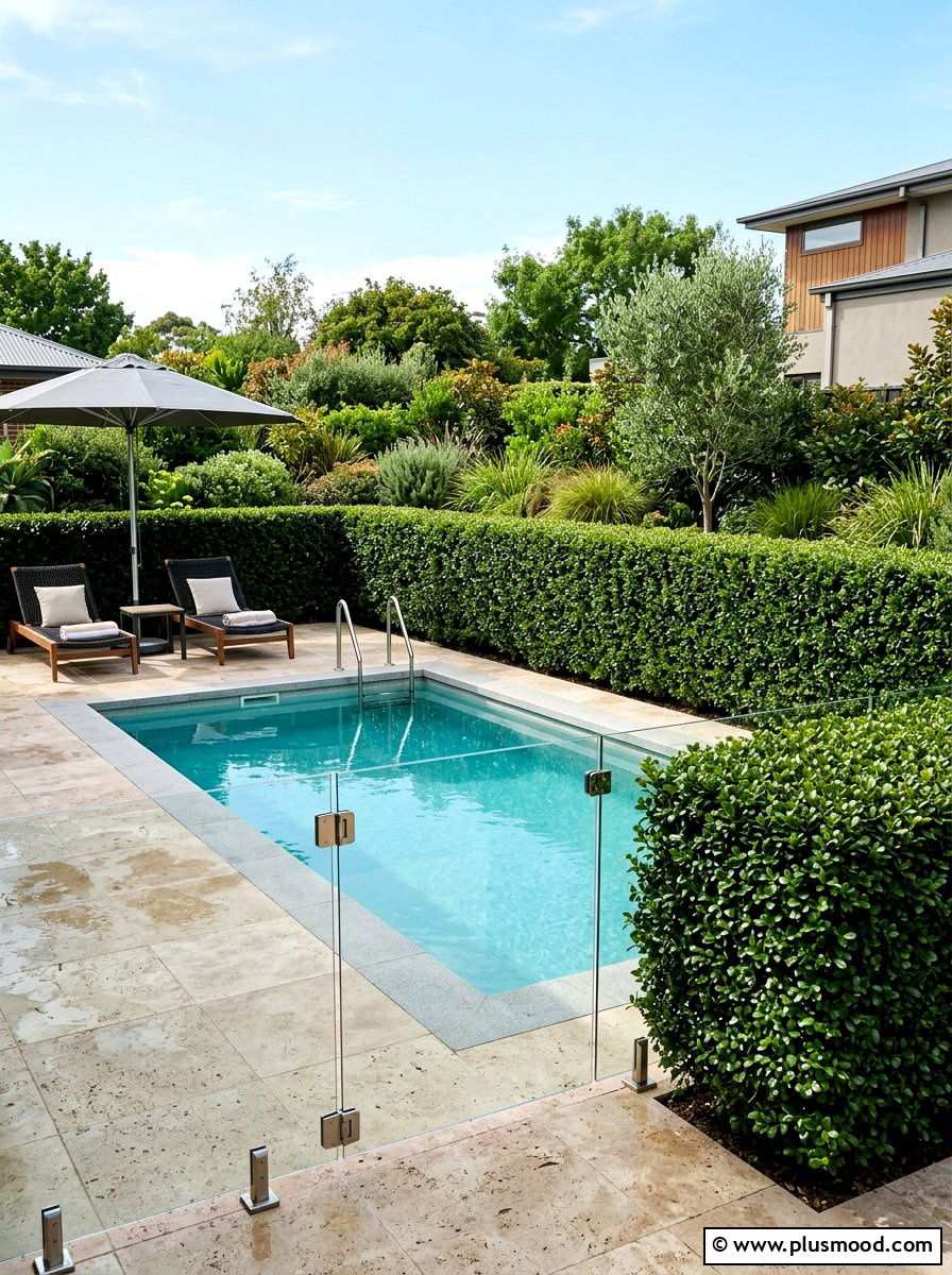 Japanese holly pool edging - 25 pool landscaping ideas with hedge border
