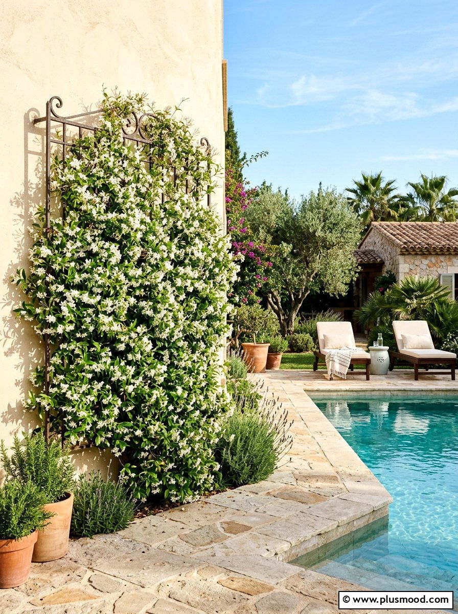 Jasmine Vine Pool Trellis - 25 pool landscaping ideas for Mediterranean style