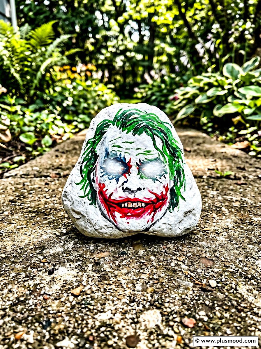 Joker Grin - 25 painted rock ideas with superhero theme