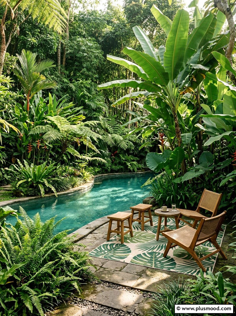 Jungle Style Pool Garden - 25 pool landscaping ideas with outdoor rug