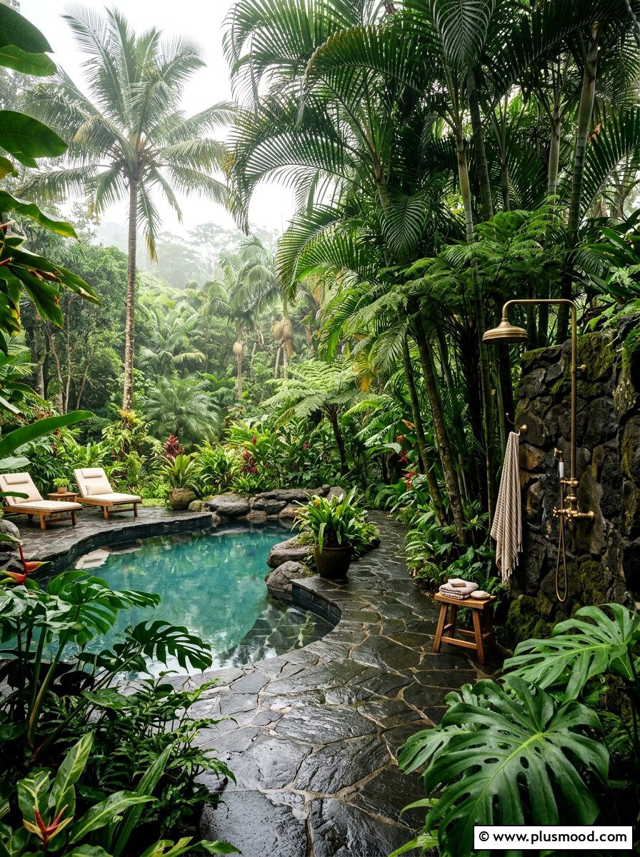 Jungle Vibe Pool Backyard With Tropical Plants - 25 pool landscaping ideas with outdoor shower