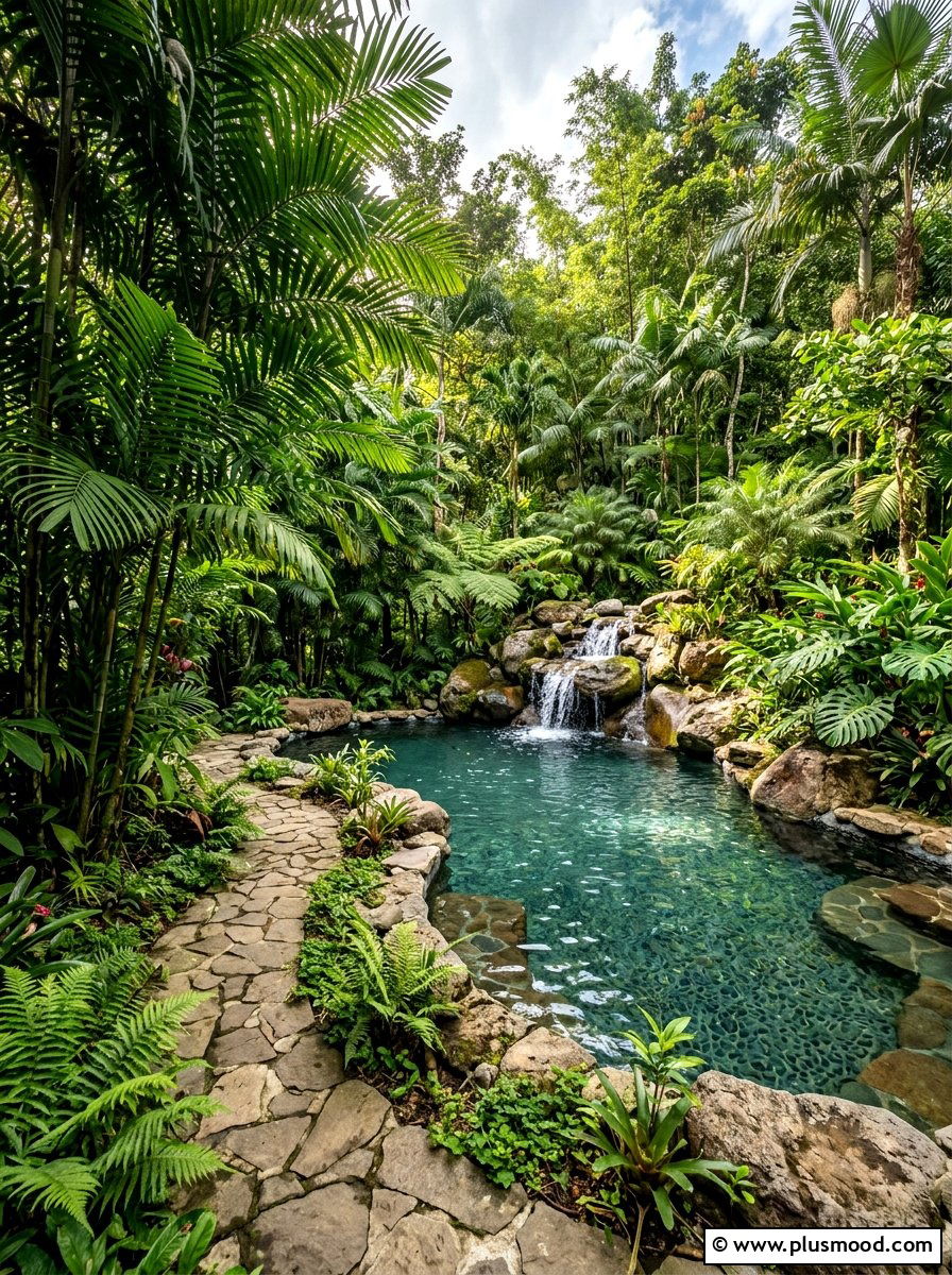 Jungle style pool with bamboo palms - 25 pool landscaping ideas with palm trees