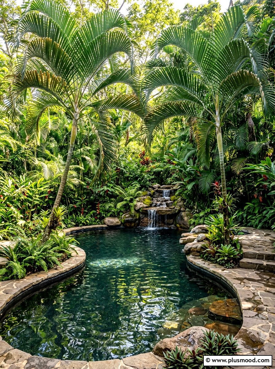 Jungle style pool with majesty palms - 25 summer pool landscaping ideas with palms