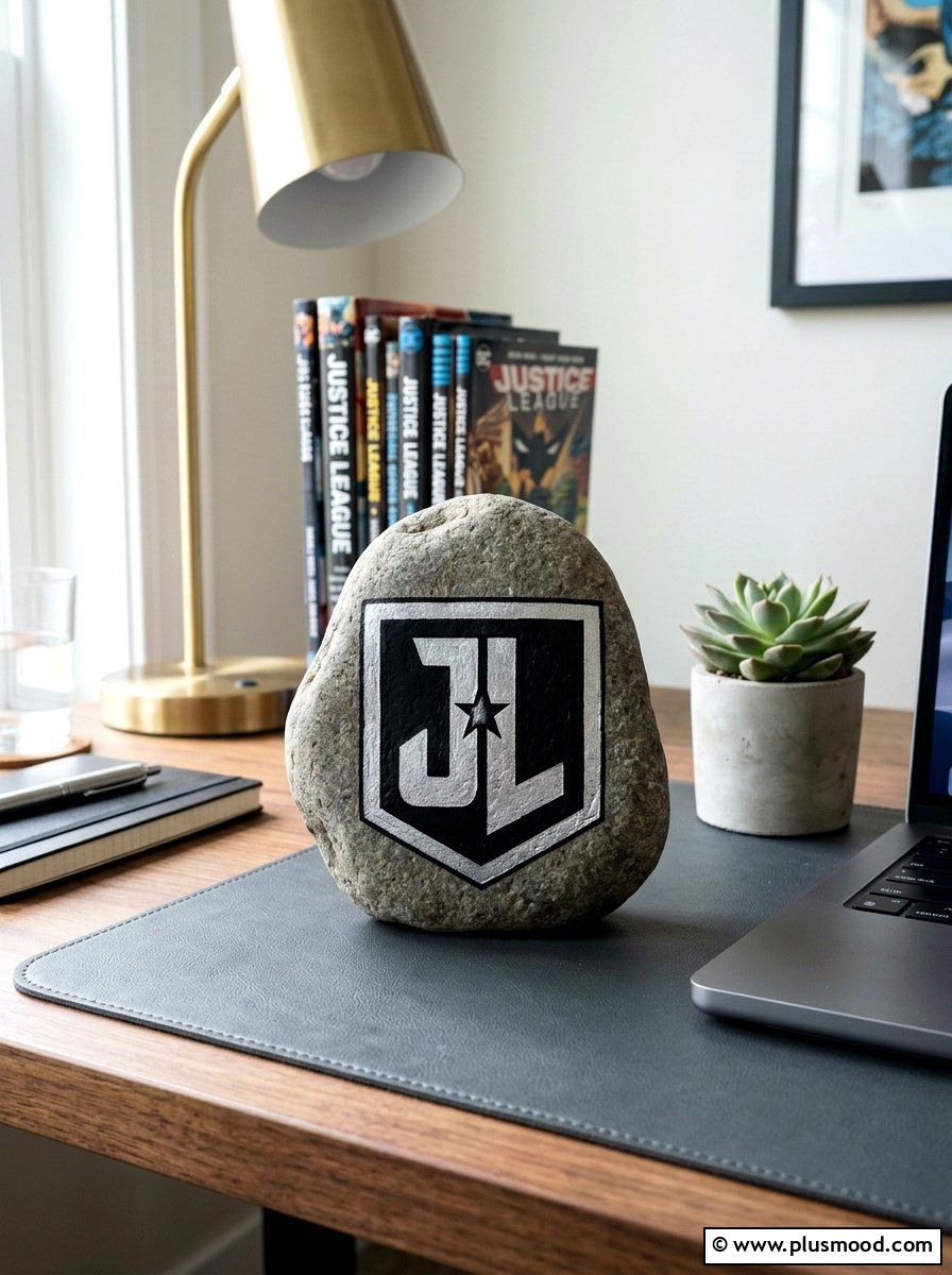 Justice League Symbol - 25 painted rock ideas with superhero theme