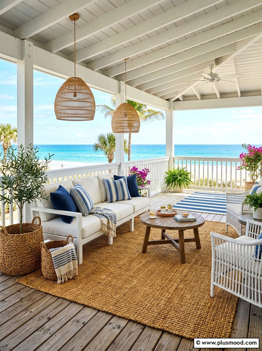 Jute rug coastal porch - 25 summer coastal porch ideas